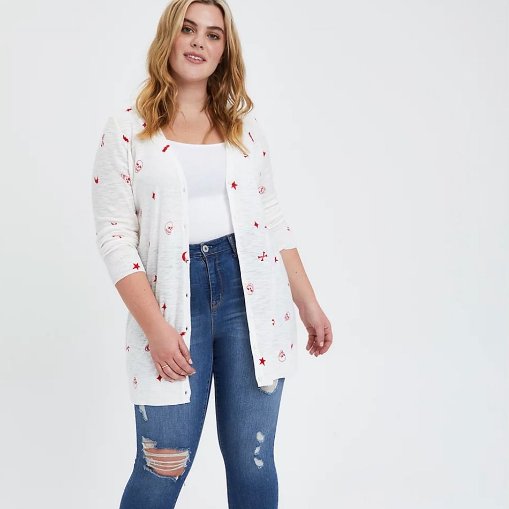 TORRID Cardigan Skulls Lightning Bolt Star Crossbones, size 2x, white and red